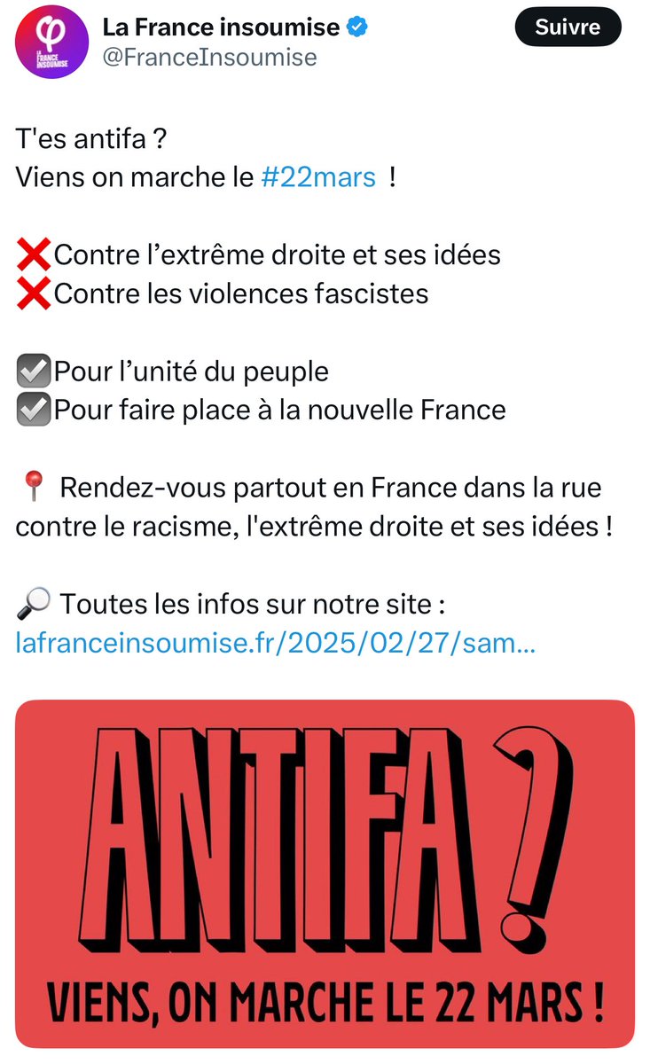 La France Insoumise appelle les antifas à investir les rues le 22 mars ! 

Ces groupuscules deviennent officiellement des milices violentes au service de la LFI.

La violence d’extrême-gauche, visible au quotidien dans nos universités, met en péril la démocratie et la liberté.