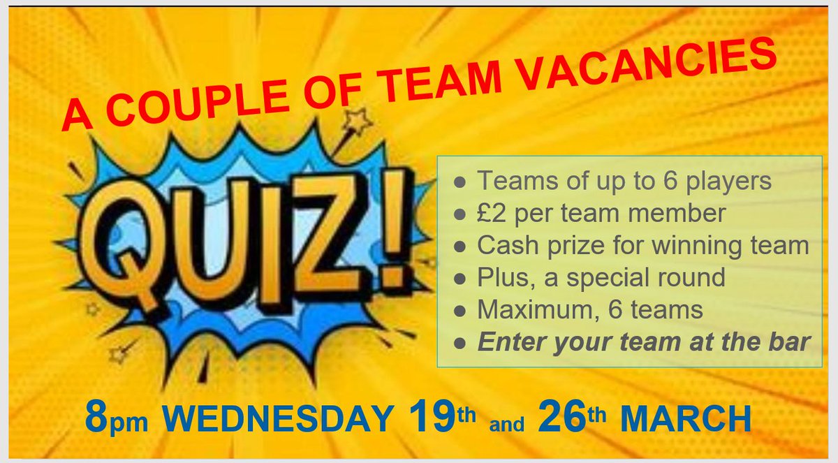 Convivial Rabbit (@dorchmicropub) on Twitter photo A couple of quiz team vacancies are suddenly available - Wednesday 19th and 26th March. Contact me to book your team in. A couple of quiz team vacancies are suddenly available - Wednesday 19th and 26th March. Contact me to book your team in.