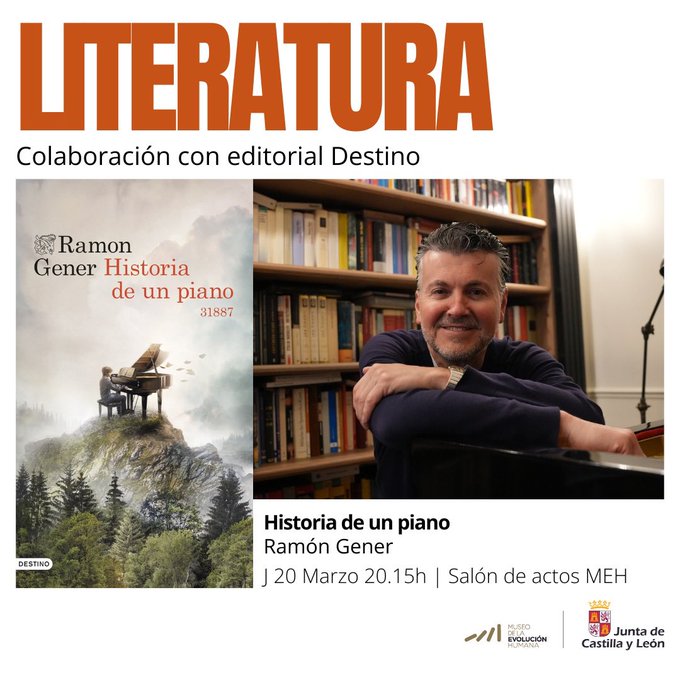 🟠 AGENDA ¡Hoy!  

🎵Presentamos la novela de <a href="/ramongener/">Ramon Gener</a>
 📚 #Historiadeunpiano 

Una historia inolvidable sobre el poder redentor de la música. 

📆 20/3
⏰ 20:15 h
📍 <a href="/museoevolucion/">MuseoEvoluciónHumana</a> - Burgos 
 
➡ planetadelibros.com/libro-historia…