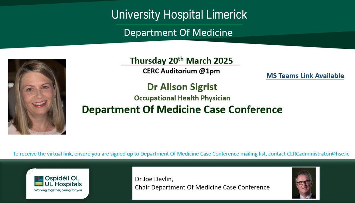 Clinical Education & Research Centre (@cerc_uhl) on Twitter photo This Thursday we are delighted to welcome Dr Alison Sigrist as our guest speaker for the Dept of Medicine Case Conference. This Thursday 20th March from 13:00 – 14:00 in CERC Auditorium UHL, all are welcome to attend.
<a href="/HSEMidWest/">HSE Mid West</a> This Thursday we are delighted to welcome Dr Alison Sigrist as our guest speaker for the Dept of Medicine Case Conference. This Thursday 20th March from 13:00 – 14:00 in CERC Auditorium UHL, all are welcome to attend.
<a href="/HSEMidWest/">HSE Mid West</a>