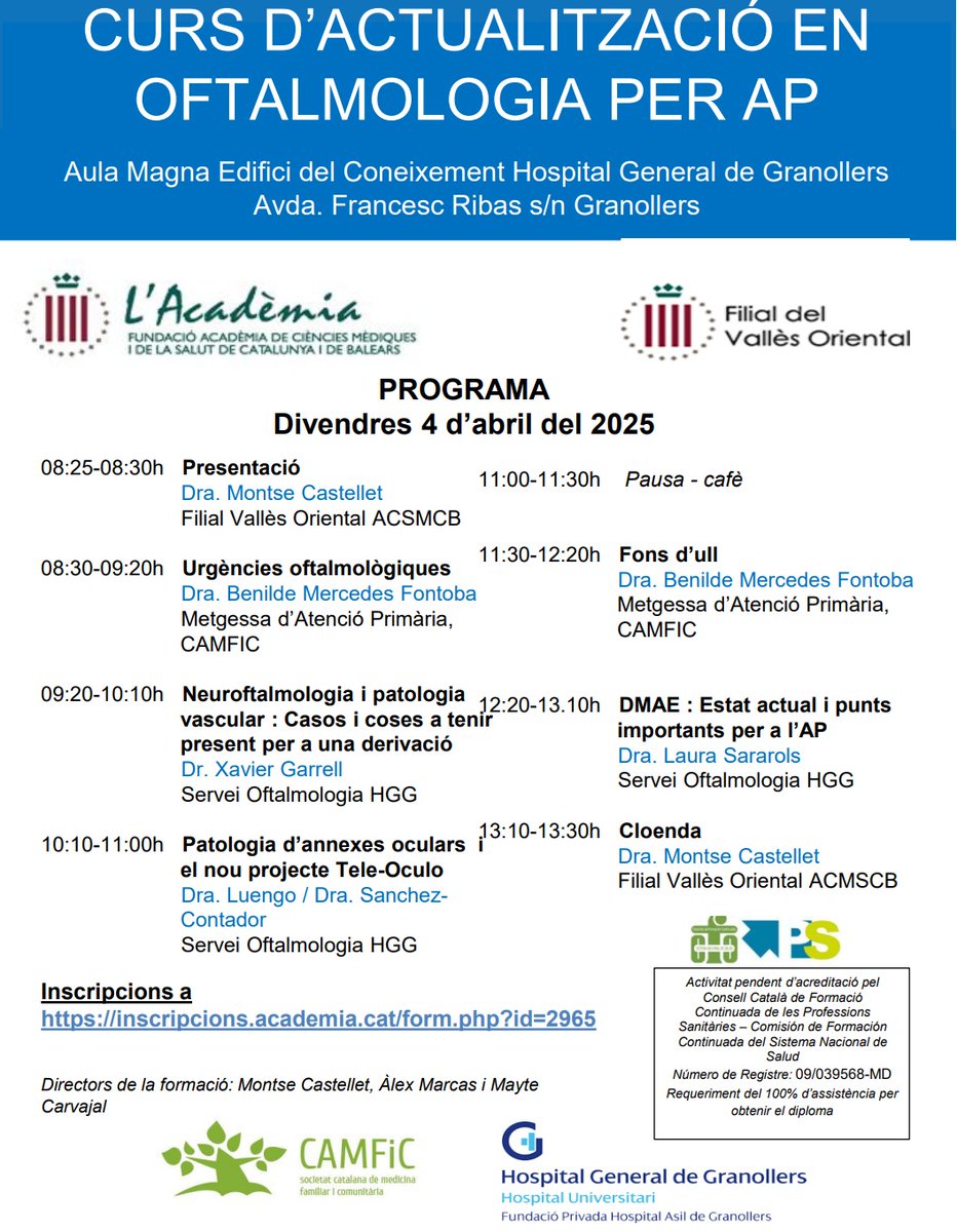 FilialVOR's tweet image. 📢📢DIFUSIÓ📢📢

El Divendres 4 d'Abril tenim el CURS D’ACTUALITZACIÓ EN OFTALMOLOGIA PER AP.   

🏥Aula Magna Edifici del Coneixement Hospital General de Granollers.  Les inscripcions les podeu fer a: inscripcions.academia.cat/form.php?id=29…  

No us ho perdeu!📢📢