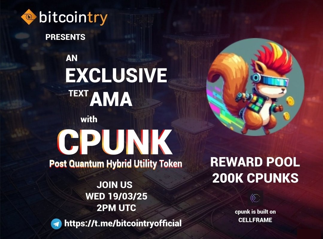 📣 Chip-Punks! Join our FIRST AMA on BITCOINTRY, Wed, March 19th!

💰 Reward Pool: 200K CPUNKS 🎁
📅 Date: Wed, 19/03/25
⏰ Time: 2PM UTC
📍 Join here: t.me/bitcointryoffi…

Ask your questions &amp; compete for a 200K $CPUNK prize pool! Don't miss it! See you there! 🚀 $CPUNK #AMA