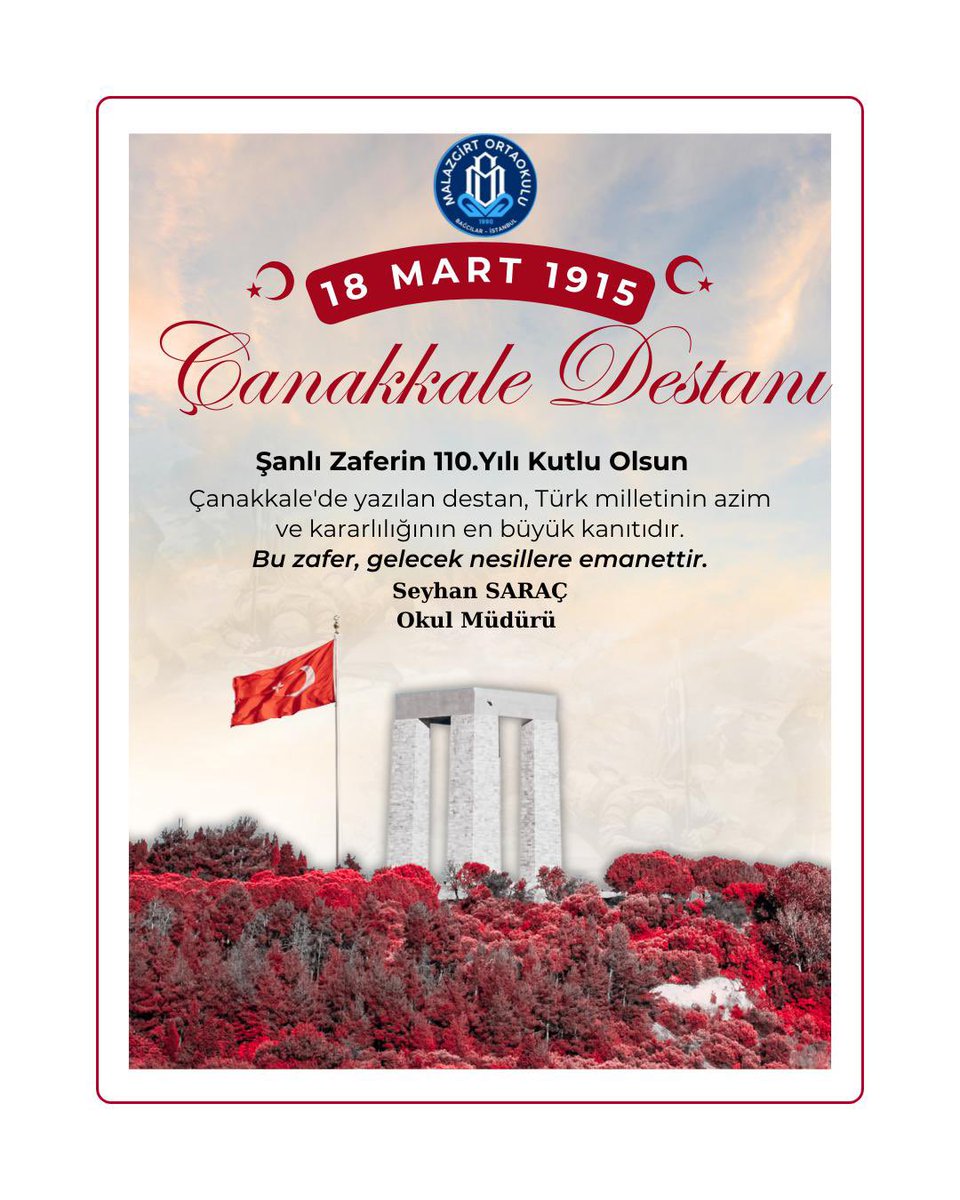 Şanlı zaferimizin 110. Yılı kutlu olsun .
Bu zafer gelecek nesillere emanettir .🇹🇷🇹🇷🇹🇷
Bir Yıldız Bir Hilal İlelebet İstiklal🇹🇷🇹🇷🇹🇷
<a href="/tcmeb/">Millî Eğitim Bakanlığı</a> 
<a href="/istanbulilmem/">İstanbul İl Millî Eğitim Müdürlüğü</a> 
<a href="/TC_Bagcilar/">Bağcılar Kaymakamlığı</a> 
<a href="/abdullahucgun33/">Abdullah Uçgun</a> 
<a href="/BagcilarMem/">Bağcılar İlçe Milli Eğitim Müdürlüğü</a> 
<a href="/mehmetsansar60/">Mehmet Sansar</a> 
<a href="/syhnsrc/">syhnsrc</a>