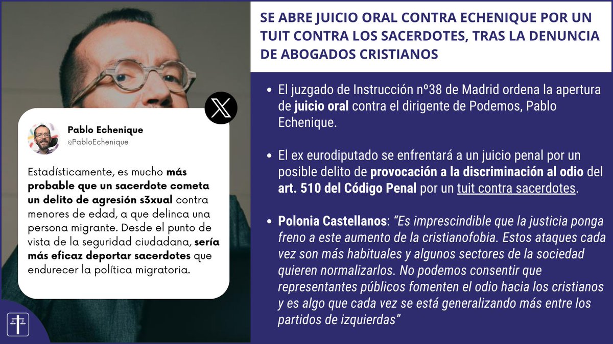 AbogadosCrist's tweet photo. ÚLTIMA HORA 🔴 El juez abre juicio oral contra Pablo Echenique por este tuit contra los sacerdotes.