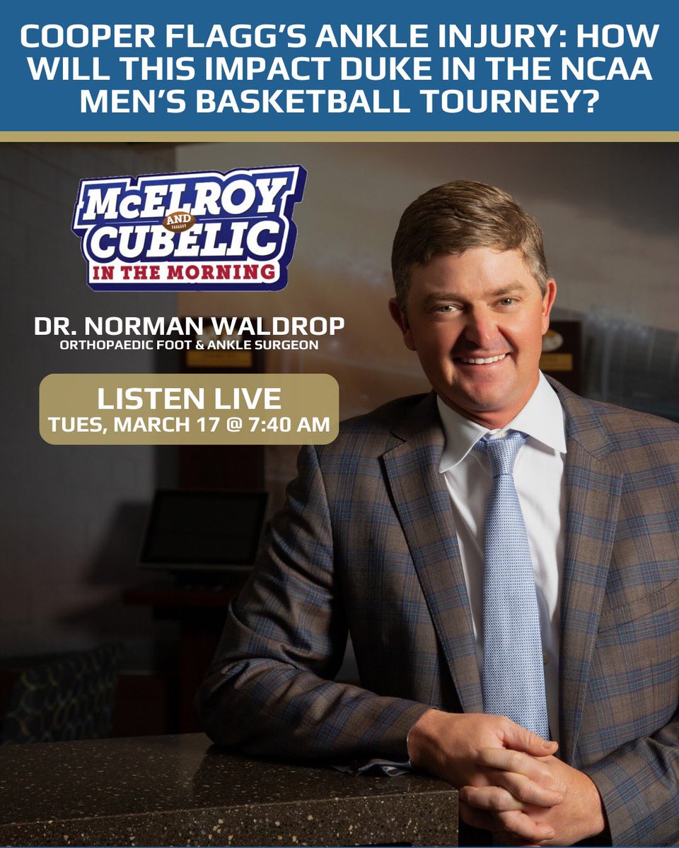Andrews Sports Med (@andrewssportmed) on Twitter photo Catch <a href="/newaldropIII/">NEW III</a> on <a href="/macandcube/">McElroy and Cubelic in the Morning</a> <a href="/WJOX945/">WJOX 94.5 FM</a> at 7:40 AM this morning.
Dr. Waldrop will be joining Greg McElroy & <a href="/colecubelic/">Cole Cubelic</a> to discuss #Duke basketball star Cooper Flagg’s ankle injury & how it might impact the Blue Devil’s in the NCAA Men’s Basketball Tourney. #MarchMadness Catch <a href="/newaldropIII/">NEW III</a> on <a href="/macandcube/">McElroy and Cubelic in the Morning</a> <a href="/WJOX945/">WJOX 94.5 FM</a> at 7:40 AM this morning.
Dr. Waldrop will be joining Greg McElroy & <a href="/colecubelic/">Cole Cubelic</a> to discuss #Duke basketball star Cooper Flagg’s ankle injury & how it might impact the Blue Devil’s in the NCAA Men’s Basketball Tourney. #MarchMadness