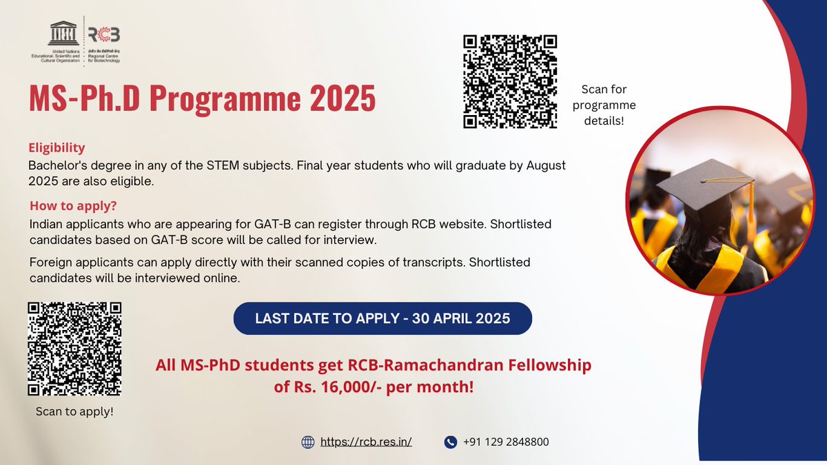 Admissions are now open for our MS-PhD program in #Biotechnology.  It provides mentorship, exposure to state-of-the-art technology, rigorous coursework, and hands-on training. All our MS-PhD students are awarded the RCB-Ramachandran Fellowship - a stipend of Rs 16,000 pm.