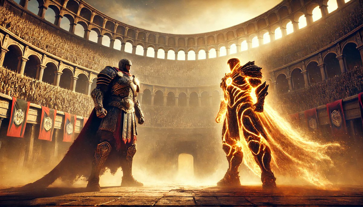 The gates creak open.

Dust swirls under the golden sun as the crowd roars.

In this ancient coliseum, two titans stand across from each other

One, the old guard, wrapped in iron chains of tradition.

The other, a rising storm, cloaked in the fire of innovation.

Tonight........