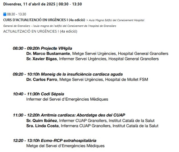 FilialVOR's tweet image. 📢📢DIFUSIÓ📢📢 
El Divendres 11 d'Abril tenim el CURS D’ACTUALITZACIÓ EN URGÈNCIES I (4a edició).
🏥Aula Magna Edifici del Coneixement Hospital General de Granollers.  
Les inscripcions les podeu fer a: inscripcions.academia.cat/form.php?id=30…

 📢📢No us ho perdeu! 📢📢