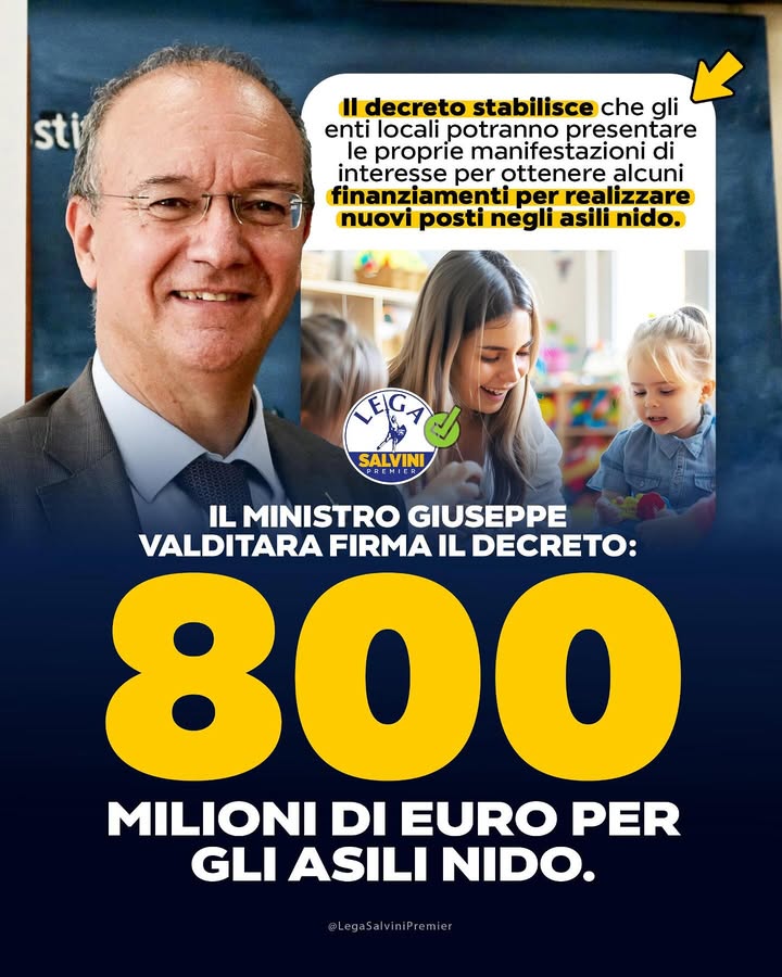 🔵 Il ministro Valditara firma il decreto: 800 milioni per nuovi posti negli asili nido.

Il decreto stabilisce che gli enti locali potranno presentare le proprie manifestazioni di interesse per ottenere finanziamenti destinati alla realizzazione di… facebook.com/50315025116667…