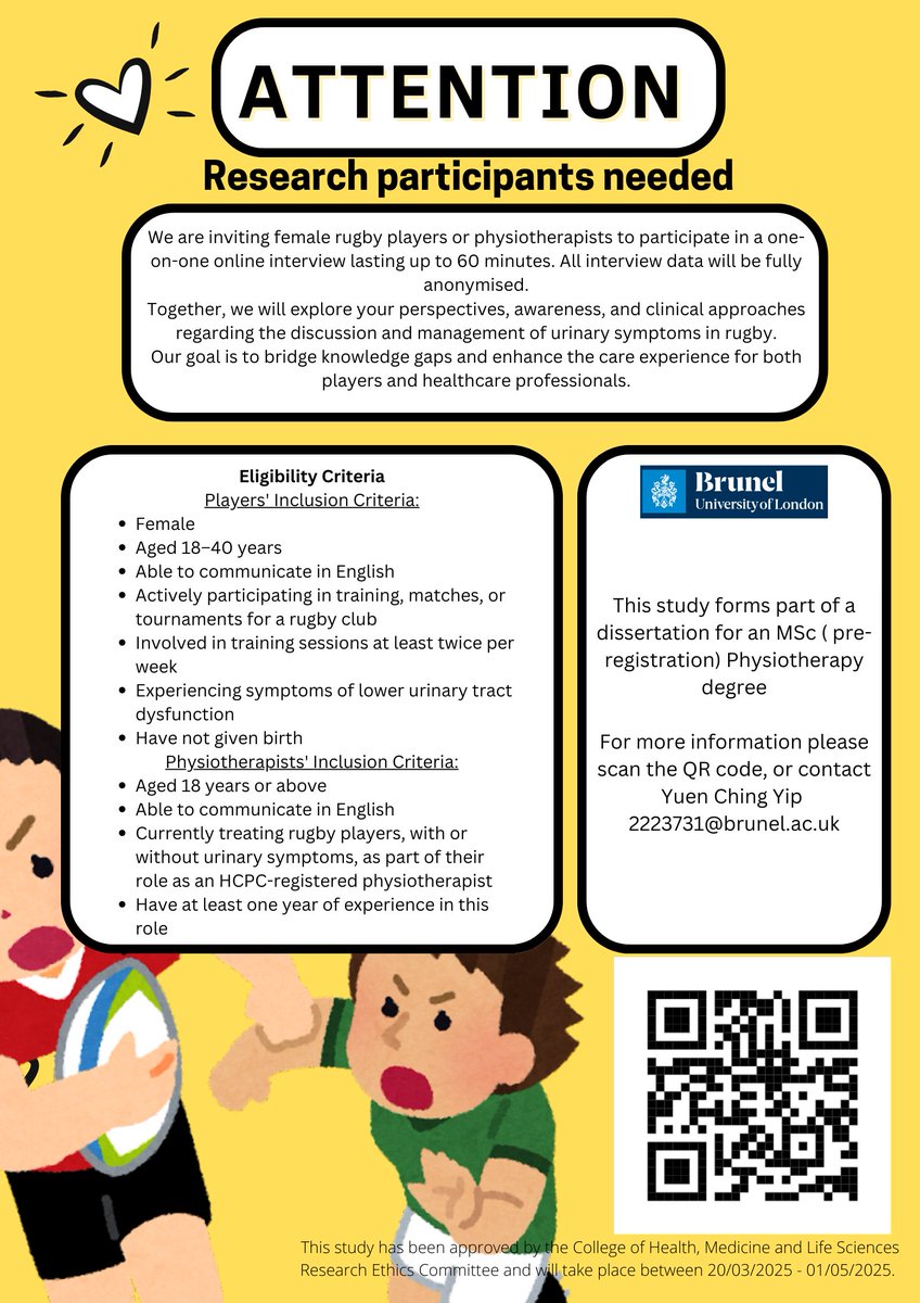 New study calling for female rugby players or physios supporting them to explore perspectives, awareness and approaches to urinary incontinence in rugby. Contact details within post 👇 share with relevant groups