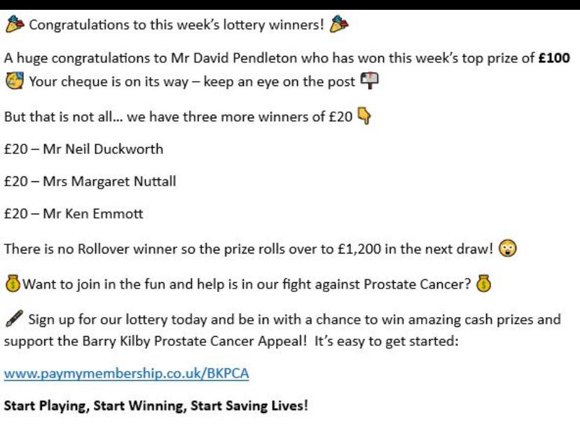 Congratulations to all our winners ! Sign up here for a chance to win and save lives ! 
paymymembership.co.uk/bkpca