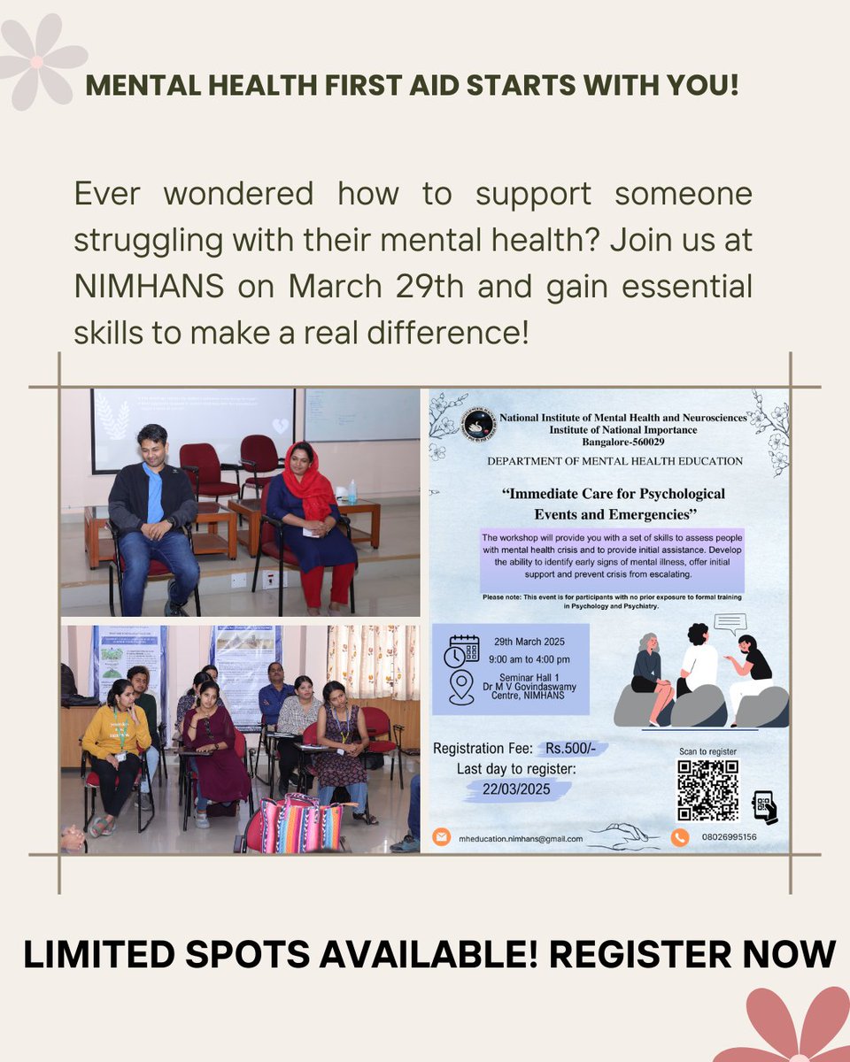 mheduNIMHANS's tweet photo. A Conversation Can Save a Life: Learn to assist during mental health crises at NIMHANS' expert-led workshop. March 29th | 💵 ₹500 | ⏳ Sign up by March 22nd
#mentalhealtheducation
#learn
#onedayworkshop
#mentalhealthfirstaid
#mentalhealthsupport
#immediatecare
#crisiscare https://t.co/jv86GcTloI