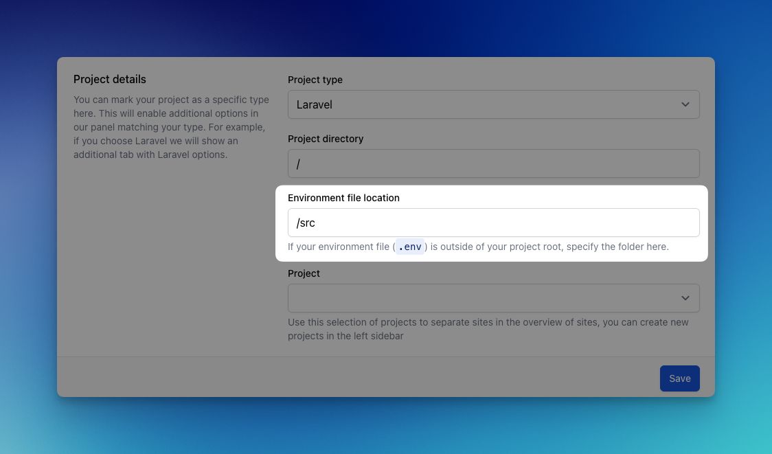 As of today, you can manually define where your `.env` file lives 💙

If this is outside of the root of your project (which usually is the default) you may specify a different path here 🔥

This is especially handy when you're trying to read or update your environment file via