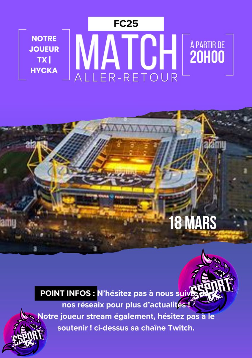 Aujourd'hui notre joueur <a href="/AikyoS33/">HycKa</a> pour FC25 s'apprête après des entraînements intensifs à faire un match aller-retour ⚫🟣🔥

Match aller ⚔️
Top départ : 20h00
Date : 18/03/25
🆚 Dortmund 

Let's goooo 
#TXWin #TXEsport #FC25 #matchday
