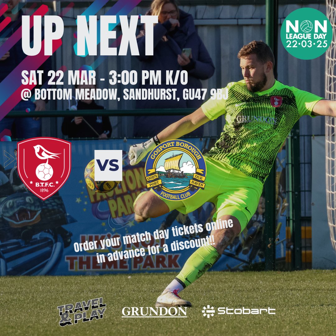 This Saturday on <a href="/nonleaguedayuk/">Non-League Day</a> - we are at home as we face <a href="/GosportBFC/">Gosport Borough FC</a> at Bottom Meadow. 

Any professional club season ticket holders can bring their season ticket and gain entry for £5 on the gate. 

Advanced tickets are available now from our website. 

#WeAreBracknell