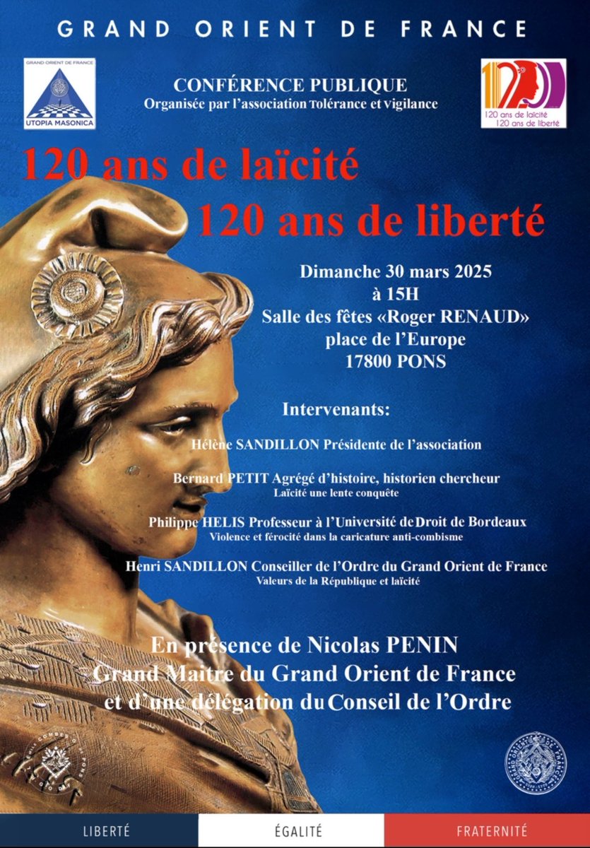 Martel60's tweet image. #PONS
#Charentemaritime
Conference publique le dimanche 30 mars à 15h00 à Pons. @GODFOfficiel Parlons de la laïcité ! 😉