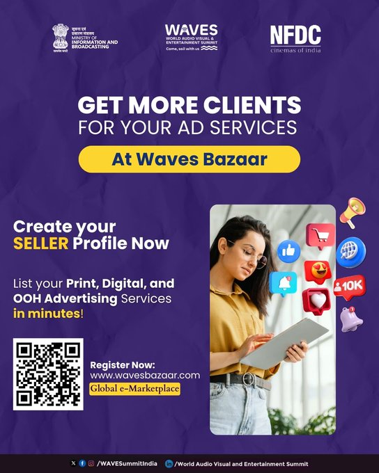 CBC_Patna's tweet image. 👉प्रिंट,डिजिटल और OOH विज्ञापन निर्माता, #WAVES बाज़ार में सही खरीदारों को आकर्षित करके अपना व्यवसाय बढ़ाएँ।
👉अभी रजिस्टर करें!
👉अधिक जानकारी के लिए, यहाँ जाएँ: wavesbazaar.com

#CreateInIndiaChallenge #WAVESBazaar #WAVES #WAVES2025 #WAVESIndia #WAVESummitIndia