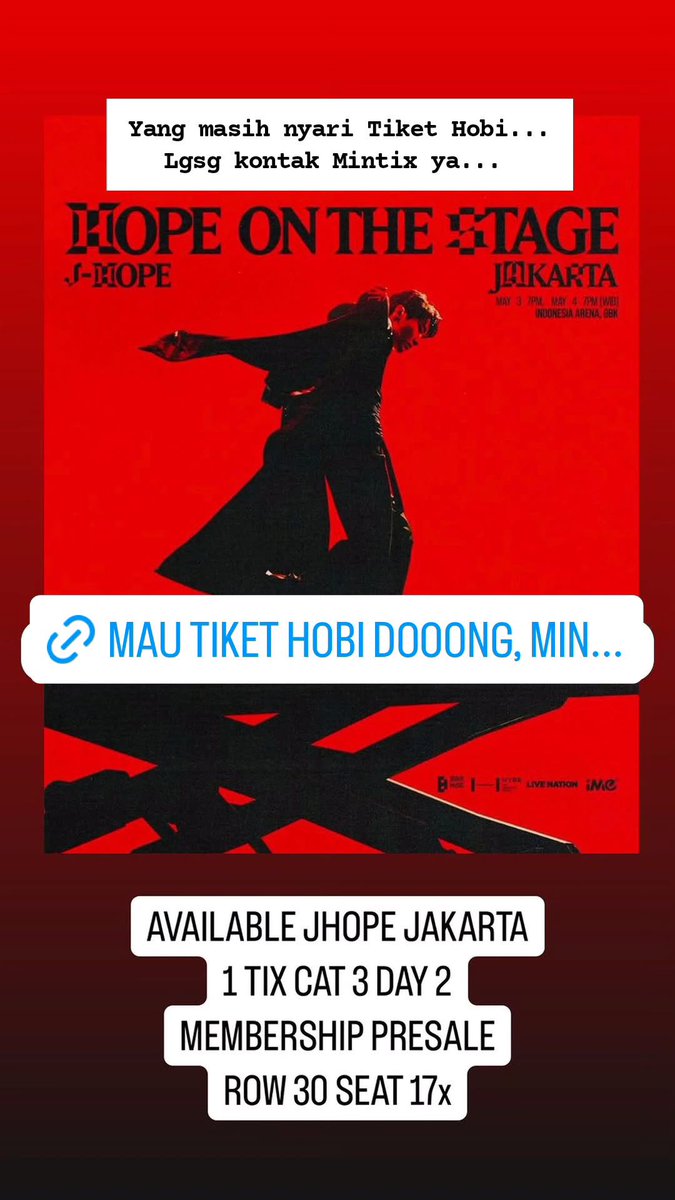 crowd_tix's tweet photo. WTB WTS WANT TO SELL
J-HOPE HOPE ON THE STAGE JAKARTA

MinTix cuma sisa 1 tix aja nih tiket J-Hope

✅ DAY 2 CAT 3A ROW 30

diurus sampai tiket fisik. Boleh DP dulu sisanya COD venue 👍🏻

DM MinTix cusss https://t.co/7GsENYv0fP

#hope_on_the_stage_jakarta #wtb #wtsjhope https://t.co/dMSPg926QJ