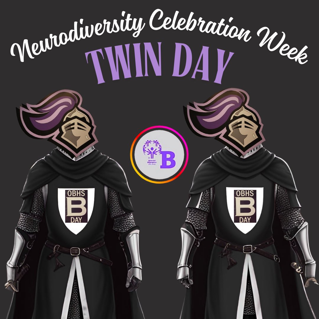 Good Morning, Knights! Day 2 of Play Unified’s Neurodiversity Celebration Week is Twin Day, so let’s see some perfectly paired duos! Have a wonderful B-Day! ✨💜🖤#GoKnights #BDay <a href="/obhs_announce/">OBHS Announcements</a> <a href="/FazioSally/">Mrs. Fazio 💜</a> <a href="/MsCinOB/">Ms. C</a>