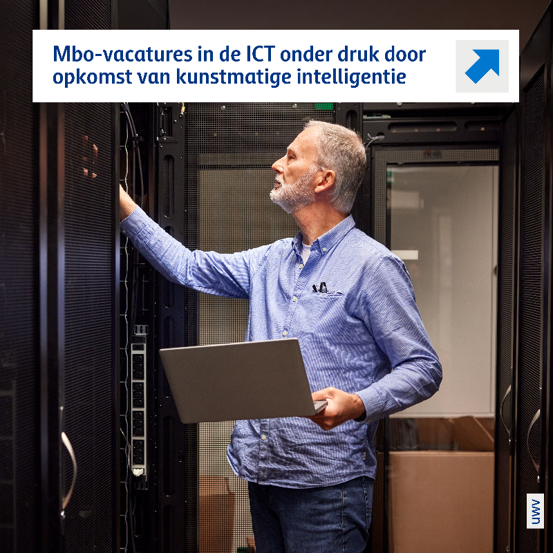 UWVnl's tweet photo. Het aantal vacatures voor mbo-banen in de ICT loop terug. Dat komt o.a door de opkomst van kunstmatige intelligentie. Simpele ICT-werkzaamheden kunnen overgenomen worden AI en automatisering. Mbo-afgestudeerden spelen hierop in op door vaker verder te studeren na hun opleiding.