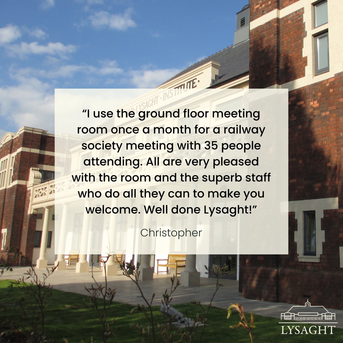 When visiting Lysaght, you can guarantee to be greeted with a warm welcome from our brilliant team! 

Whether you're part of a society, community group or local business, our meeting rooms can be tailored to your need. Find out more here: bit.ly/lysaght-hire