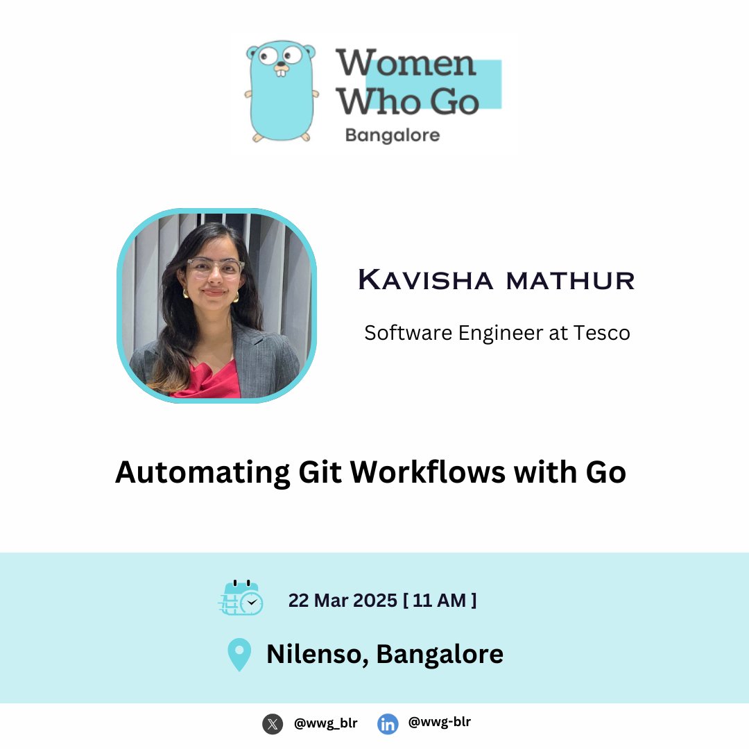 wwg_blr's tweet image. Thrilled to introduce our second speaker, Kavisha Mathur, for our upcoming meetup at @nilenso office!
She'll be sharing insights on "Automating Git Workflows with Go"
More details & RSVP: meetup.com/womenwhogobang…
Note: This is a women only event.