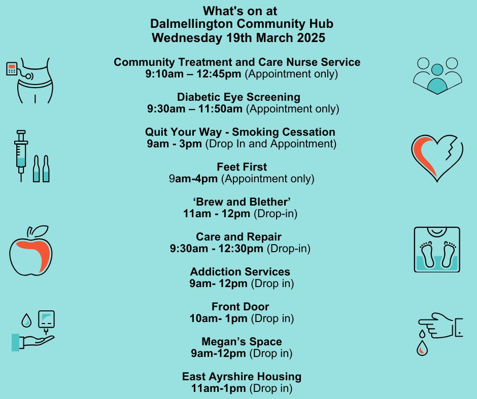 Here's what's on at Dalmellington Hub tomorrow (19th March).
 #Dalmellington #DalmellingtonHub