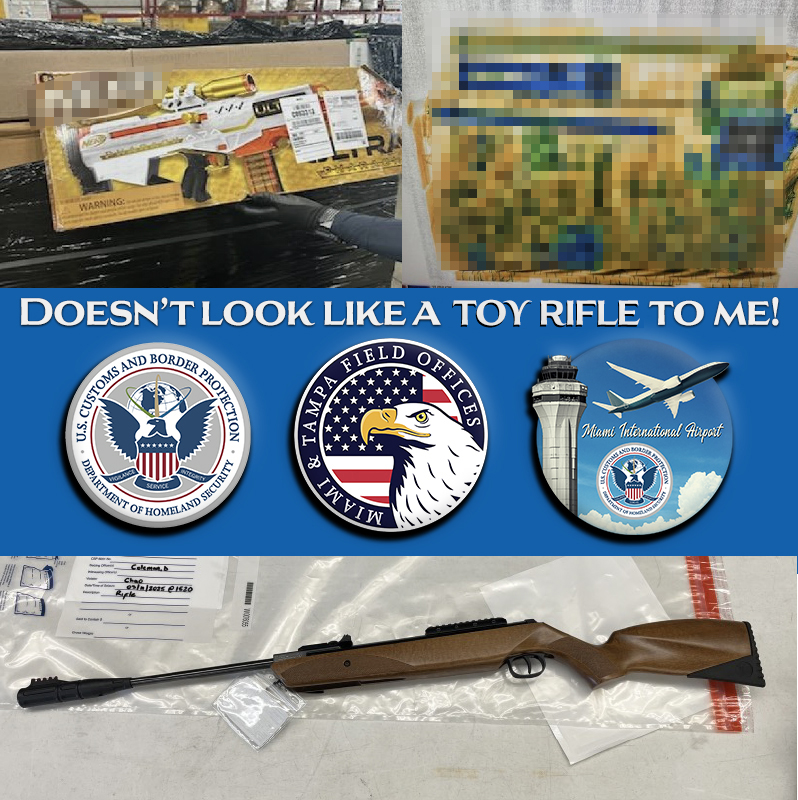 DFOFlorida's tweet image. CBP MIA Officers seized a rifle, upon x-ray, anomalies were discovered reveling a .22 caliber rifle concealed as a "toy rifle".  

#NotAToy #MIA #OFOProud🇺🇲