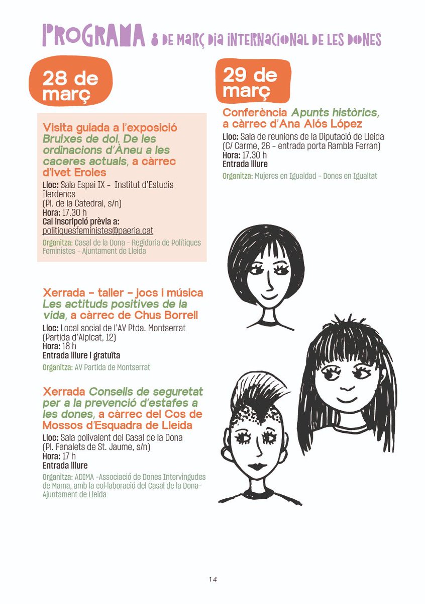 Casal de la Dona - Polítiques Feministes (@casaldonalleida) on Twitter photo El mes de març no s'atura!! Performance En Dansa, concursos, Barris Violetes, Premis Hera, caminades, tallers, presentació de llibres, visites guiades, xerrades, conferències...
T'ho perdràs??
<a href="/paerialleida/">Ajuntament de Lleida</a>
<a href="/hera/">Jango</a>
<a href="/donabalafia/">DONA BALAFIA ASSOC.</a>
<a href="/pardinyes/">Plataforma veïns Pardinyes</a>
<a href="/avvcappont/">Veïns Cappont</a> El mes de març no s'atura!! Performance En Dansa, concursos, Barris Violetes, Premis Hera, caminades, tallers, presentació de llibres, visites guiades, xerrades, conferències...
T'ho perdràs??
<a href="/paerialleida/">Ajuntament de Lleida</a>
<a href="/hera/">Jango</a>
<a href="/donabalafia/">DONA BALAFIA ASSOC.</a>
<a href="/pardinyes/">Plataforma veïns Pardinyes</a>
<a href="/avvcappont/">Veïns Cappont</a>