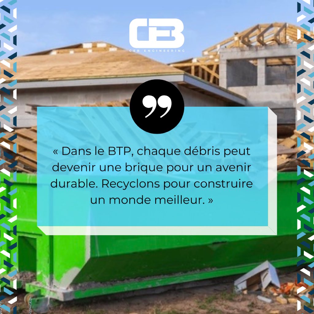 EngCeb's tweet photo. Le recyclage est plus qu'un geste quotidien 🌱. C'est une approche fondamentale pour garantir la durabilité de notre secteur. 🌍♻️
Heureuse journée Mondiale du Recyclage ✨💪.
#JournéeDuRecyclage #RecyclageBTP #DéveloppementDurable #CEBEngineering https://t.co/mq6oiwCIX6