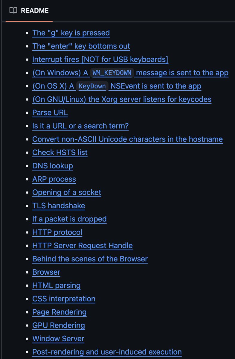 koder_dev's tweet image. 本当に詳細に説明できる？

「google.comとブラウザのアドレスバーに打ちこんでEnterを押すとき一体何が起きているのか？」

この質問にどれだけ詳細に答えることがあなたは出来ますか？

このリポジトリは、そこまで細かく説明する！？っていうほど詳細に説明してるんだけど…