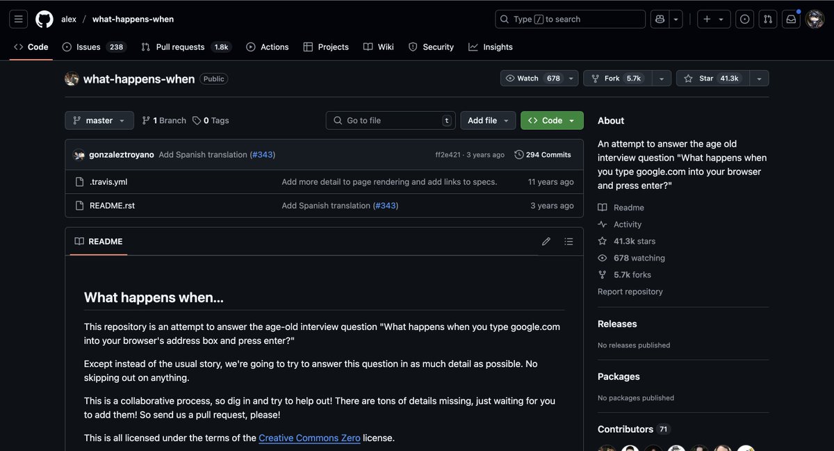 koder_dev's tweet image. 本当に詳細に説明できる？

「google.comとブラウザのアドレスバーに打ちこんでEnterを押すとき一体何が起きているのか？」

この質問にどれだけ詳細に答えることがあなたは出来ますか？

このリポジトリは、そこまで細かく説明する！？っていうほど詳細に説明してるんだけど…