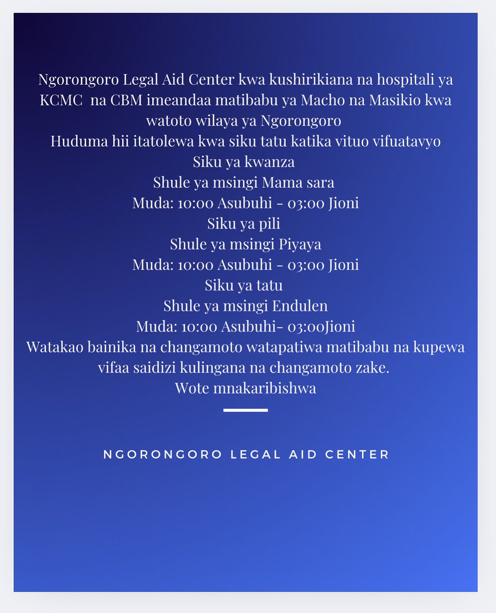 NGOLAC_'s tweet photo. Ngorongoro legal aid Center (NGOLAC) kwa kushirikiana na madaktari bigwa kutoka hopstali ya KCMC na CBM wameandaa matibabu kwa watoto wenye changamoto ya Macho na Masikio wilaya ya Ngorongoro  tarehe 18~20 March 2025 https://t.co/PT9LrIJR87