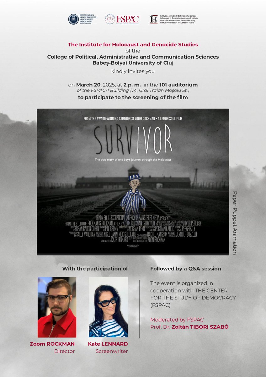 @SURV_IVOR_Film (@surv_ivor_film) on Twitter photo Join us in Romania <a href="/UnivBabesBolyai/">Babeș-Bolyai University (UBB)</a> this Thursday for a screening of SURVIVOR, Followed by a Q&A with Director Zoom Rockman & Screenwriter Kate Lennard, focusing on the research that shaped the film
#HolocaustEducation #SurvivorFilm #NeverForget Join us in Romania <a href="/UnivBabesBolyai/">Babeș-Bolyai University (UBB)</a> this Thursday for a screening of SURVIVOR, Followed by a Q&A with Director Zoom Rockman & Screenwriter Kate Lennard, focusing on the research that shaped the film
#HolocaustEducation #SurvivorFilm #NeverForget