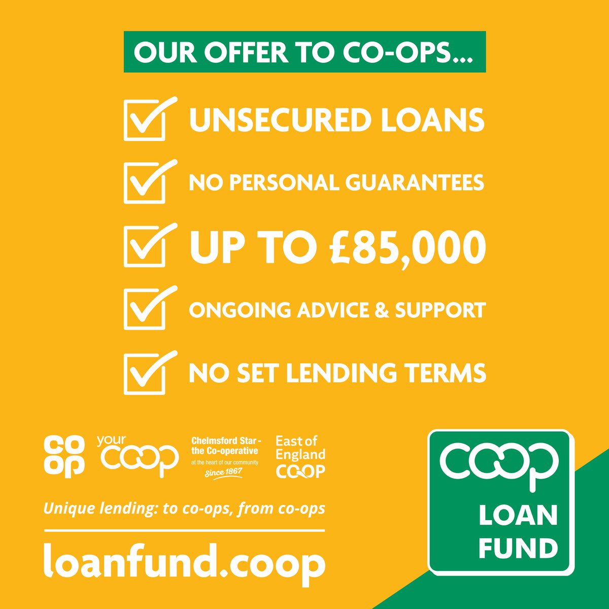 Our offer to #coops...
✅ Unsecured loans
✅ No personal guarantees
✅ Up to £85k
✅ Ongoing advice &amp; support
✅ No set lending terms
Apply today: loanfund.coop