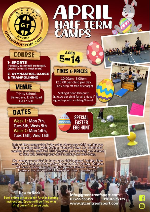 CCESchool's tweet image. Keep your kids active and engaged this holiday with the April half term club at GT Centre of Sport. Don't miss out on the fun! #GTsport #holidayclub
🥚🐰
For any questions about the sports camps, please contact GT Centre of Sport directly.