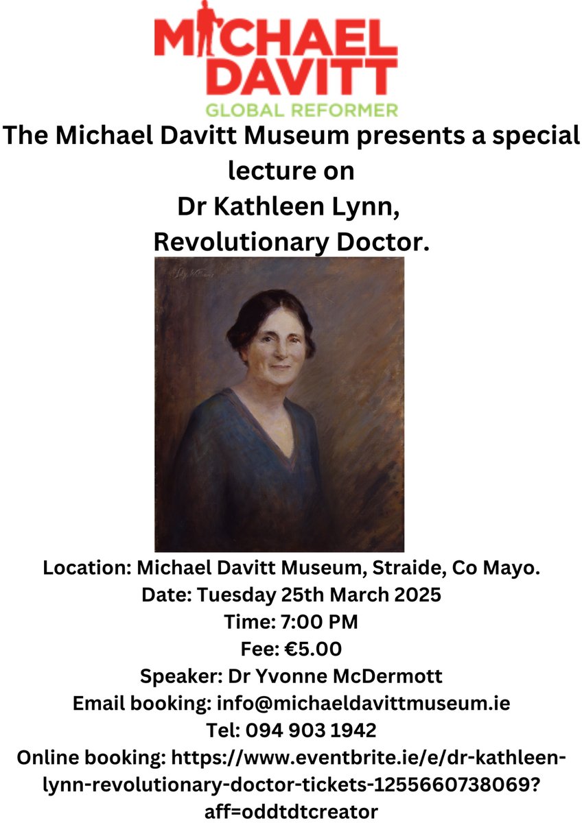 📢 Special Lecture at the Michael Davitt Museum! 📢

Join Dr Yvonne McDermott for a talk on Dr Kathleen Lynn, Revolutionary Doctor – a pioneering medic &amp; activist – on Tues, March 25th at 7PM.

🎟 €5: tinyurl.com/bddwvtzr or call (094) 903 1942

 #IrishHistory #MayoEvents