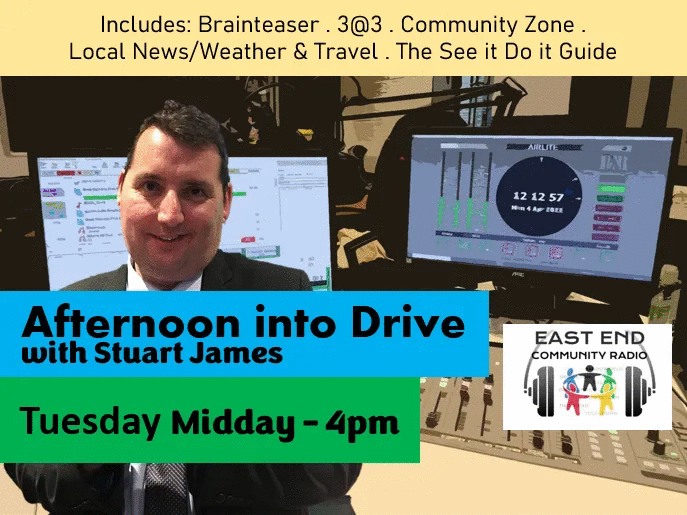 Happy Tuesday, everyone! It’s Stuart James here, excited to be in the hot seat for your Afternoon Drive, brought to you in association with Cameron Commercials. I’ll be with you live from twelve till four, bringing you some fantastic tunes and great conversation!