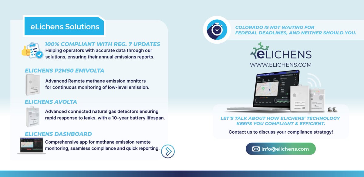 🔄#Colorado's #Methane Regulations Updates
📌New rules requiring continuous monitoring, automated sampling, and phased-out  gas-driven devices, and more...

📅Operators must comply by May 1, 2025

⚡eLichens P2M50 EmiVolta is fully aligned with Regulation 7’s latest requirements.