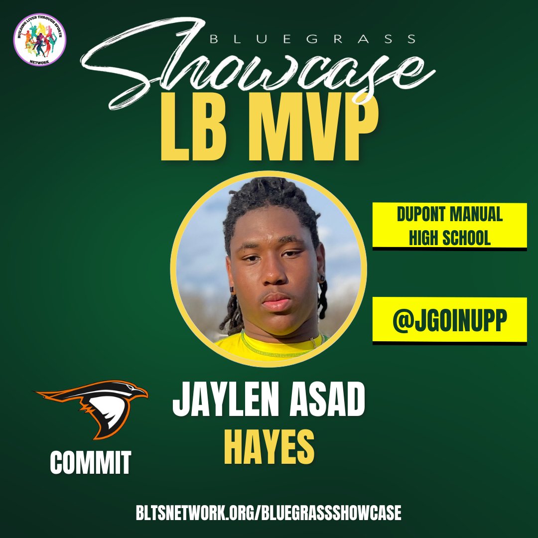 Building Lives Through Sports Network (@blts_network) on Twitter photo The Bluegrass Showcase was an EPIC event last year!!! A lot of the talent from around the Midwest headed over to <a href="/KyStateU/">Kentucky State University</a> to showcase their skills!!
Here's our LB MVP from last year!
<a href="/JGoinupp/">Jaylen hayes</a> of <a href="/dupontmanualfb/">dupontmanualfootball</a> (Louisville, KY)
<a href="/AUFootball__/">Anderson University Football</a>
#BLTSN #BLTSNetwork #NoExcuses The Bluegrass Showcase was an EPIC event last year!!! A lot of the talent from around the Midwest headed over to <a href="/KyStateU/">Kentucky State University</a> to showcase their skills!!
Here's our LB MVP from last year!
<a href="/JGoinupp/">Jaylen hayes</a> of <a href="/dupontmanualfb/">dupontmanualfootball</a> (Louisville, KY)
<a href="/AUFootball__/">Anderson University Football</a>
#BLTSN #BLTSNetwork #NoExcuses