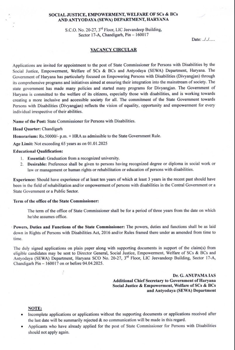 Umangharyana's tweet photo. Hoping appointment of State Commissioner for PwDs Haryana at the earliest in the interest of Differently abled community..
@cmohry @csharyana @MSJEGOI @Drvirendrakum13 @socialpwds @DiprHaryana https://t.co/EeqQxOvYgv