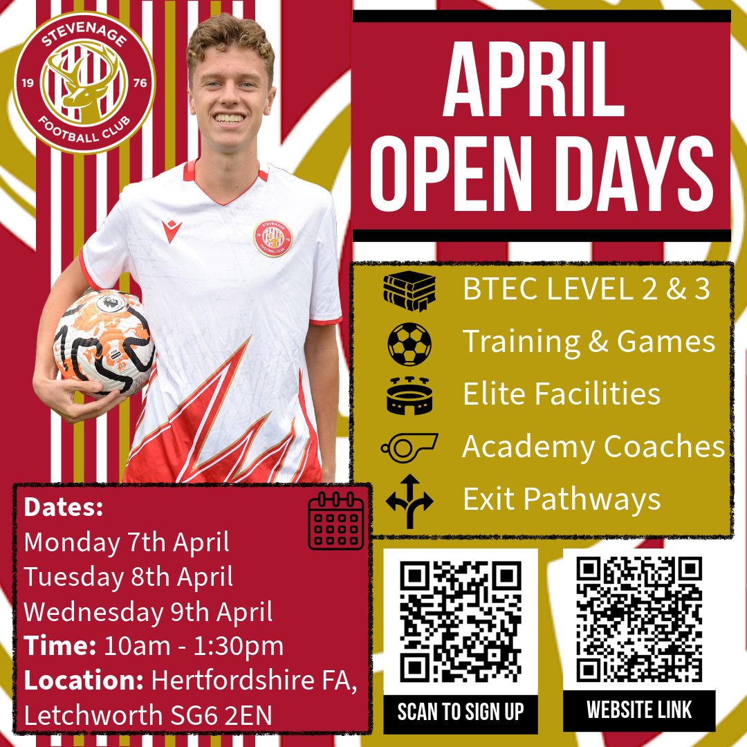 Sign up to our February half term open days and unlock your potential. Train as a full-time student-athlete with academy coaches at Stevenage FC EDP!
 
📚BTEC Level 2 &amp; 3 
⚽️Training &amp; Games 
🏟️Elite Pathways
📋Academy Coaches 
🛣️Exit Pathways  

Sign up - forms.gle/UPMLXtpseVhXpM…
