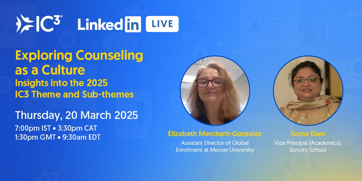 IC3 Movement (@ic3movement) on Twitter photo On Thursday, 20 March 2025, join us for an insightful LinkedIn Live as we break down the 2025 IC3 theme—“Counseling as a Culture”—and its sub-themes. This session is to inspire and engage you.
Register Now - linkedin.com/events/7307390…
#education #IC3Movement #IC3conference On Thursday, 20 March 2025, join us for an insightful LinkedIn Live as we break down the 2025 IC3 theme—“Counseling as a Culture”—and its sub-themes. This session is to inspire and engage you.
Register Now - linkedin.com/events/7307390…
#education #IC3Movement #IC3conference