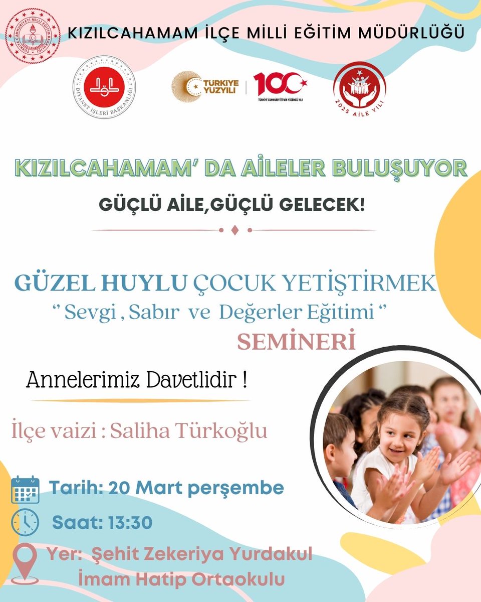 Kızılcahamam'da Aileler Buluşuyor.
Seminer programlarımız hız kesmeden devam ediyor! Bu kez "Güzel Huylu Çocuk Yetiştirmek" konulu seminerimizde annelerimizle bir araya geliyoruz.Sizleri de aramızda görmekten mutluluk duyarız. <a href="/tcmeb/">Millî Eğitim Bakanlığı</a> <a href="/Yusuf__Tekin/">Yusuf Tekin</a> <a href="/MemAnkara/">Ankara İl Millî Eğitim Müdürlüğü</a> <a href="/kocakysr/">Yaşar Koçak</a> <a href="/ccanturk_/">Cihangir CANTÜRK 🇹🇷</a>