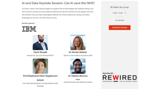 Digital Health Rewired (@dhrewired) on Twitter photo ⏰15-minutes to go for: AI and Data Keynote Session: Can AI save the NHS?⏰ #Rewired25
With speakers <a href="/haris_shuaib/">Haris Shuaib</a>, <a href="/GSTTnhs/">Guy's and St Thomas'</a>, <a href="/NicoleMatherLS/">Nicole Mather</a>, <a href="/IBM/">IBM</a>, and chair <a href="/VidehaSharma/">Videha Sharma</a>, <a href="/UoMPankhurst/">Christabel Pankhurst Institute UoM</a> ⏰15-minutes to go for: AI and Data Keynote Session: Can AI save the NHS?⏰ #Rewired25
With speakers <a href="/haris_shuaib/">Haris Shuaib</a>, <a href="/GSTTnhs/">Guy's and St Thomas'</a>, <a href="/NicoleMatherLS/">Nicole Mather</a>, <a href="/IBM/">IBM</a>, and chair <a href="/VidehaSharma/">Videha Sharma</a>, <a href="/UoMPankhurst/">Christabel Pankhurst Institute UoM</a>