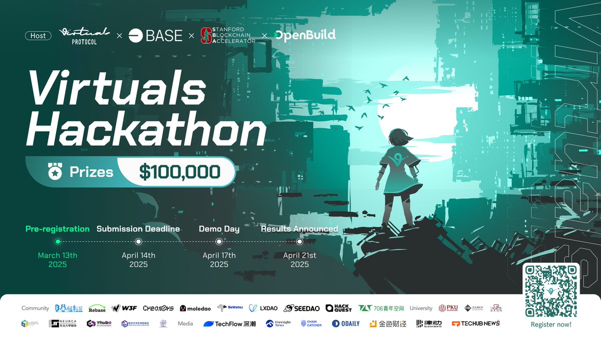 🚀 The first-ever Virtuals Hackathon is LIVE!  

1️⃣ $100K prize pool up for grabs!  
🥇 1st Place: $50K
🥈 2nd Place: $25K
🥉 3rd Place: $10K
…
PLUS, more 🔥 special bonuses you don’t wanna miss!   

2️⃣ Office Hours for all your Qs!  
⏰ Thursday, 20th Mar, 10 PM -11 PM (SGT)
📎