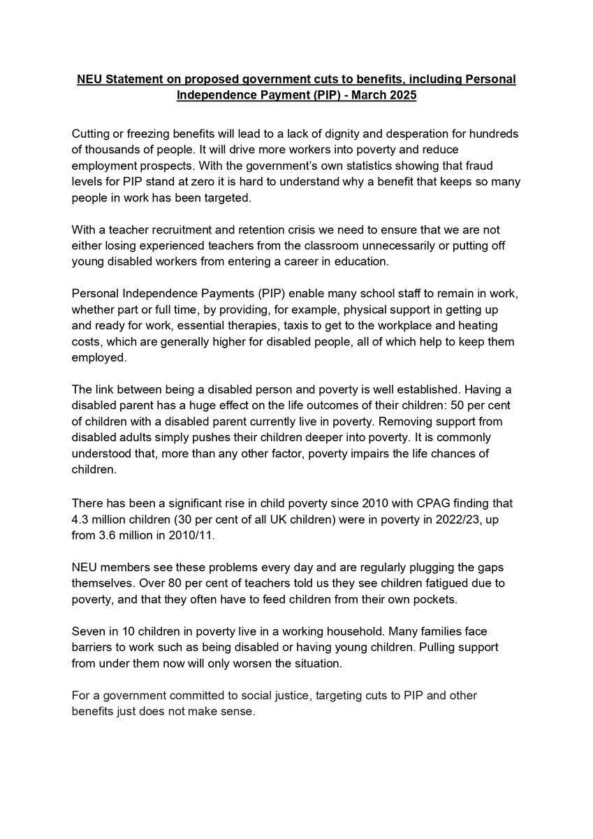 NEUnion's tweet image. 🚨 NEU Statement on proposed government cuts to benefits, including Personal Independence Payment (PIP). 🚨
For a government committed to social justice, targeting cuts to PIP and other benefits just does not make sense. It will drive more workers into poverty and reduce…