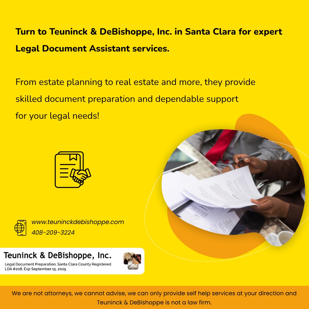 TeuninckL's tweet photo. Turn to Teuninck &amp; DeBishoppe, Inc. in Santa Clara for expert #LegalDocumentAssistantservices. From #estateplanning to real estate and more, they provide skilled #documentpreparation and dependable support for your legal needs!

https://t.co/657R2DuXki

#Protection #Planner https://t.co/Fs7F0pIpRk