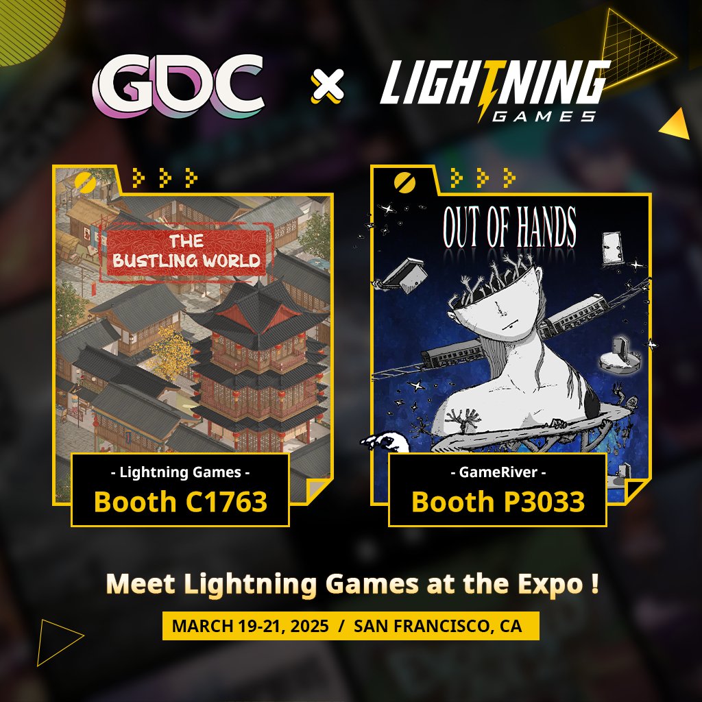 LightNgames's tweet image. Lightning Games at #GDC2025 🎮⚡
We’re showcasing two great games at the expo!
🔥The Bustling World @FireWoGames - An boundless open-world RPG set in ancient China.
🖐️Out of Hands @PlayOutofHands - A bizarre, surreal, psychological card adventure game.
We’ve also got free merch…