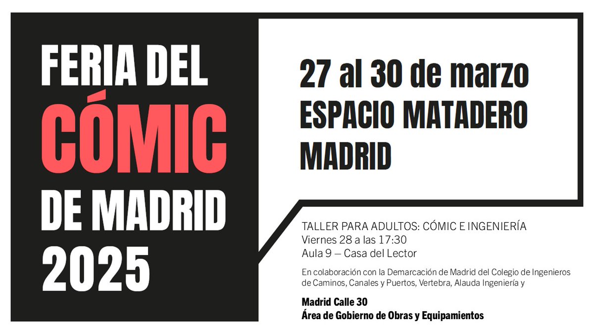El viernes 28 a las 17:30 #MadridCalle30 estará presente en la Feria del Cómic de Madrid, en un taller sobre cómic e ingeniería. Acompáñanos. 

<a href="/MadridDestino/">Madrid Destino</a> <a href="/mataderomadrid/">mataderomadrid</a> #Feriacomicmad